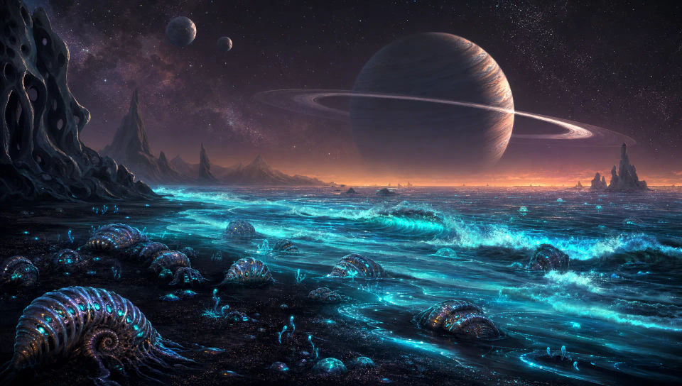 A glowing ocean shore