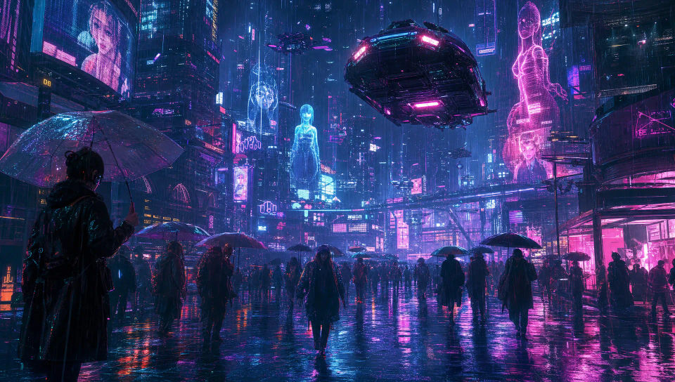 A rain-soaked neon street