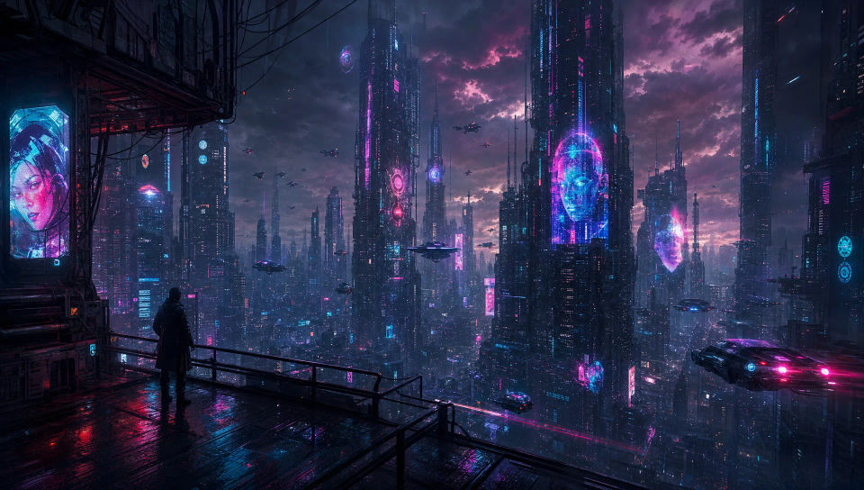 A towering skyline at night