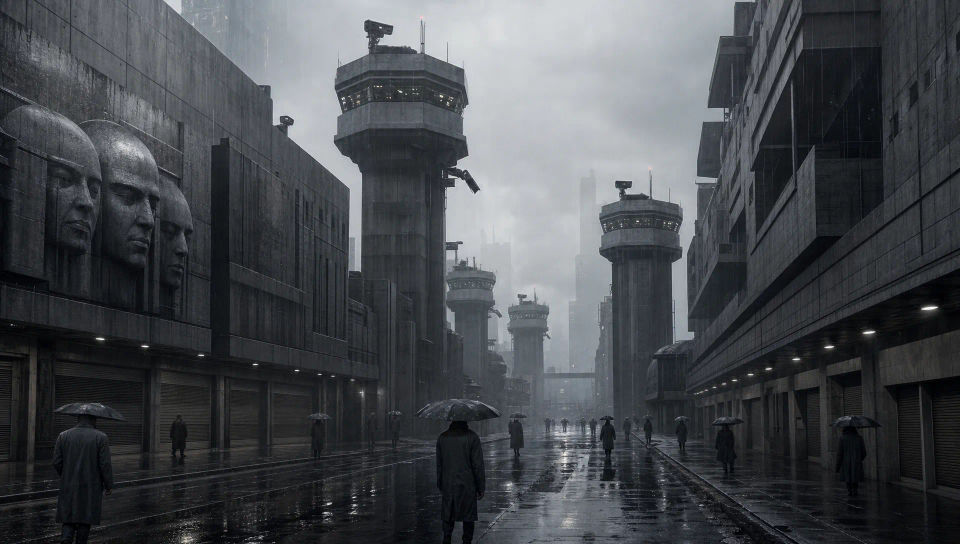 A rain-grey street under watchtowers