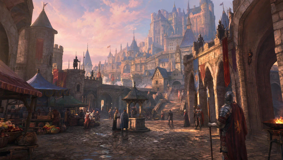 A castle courtyard at dawn