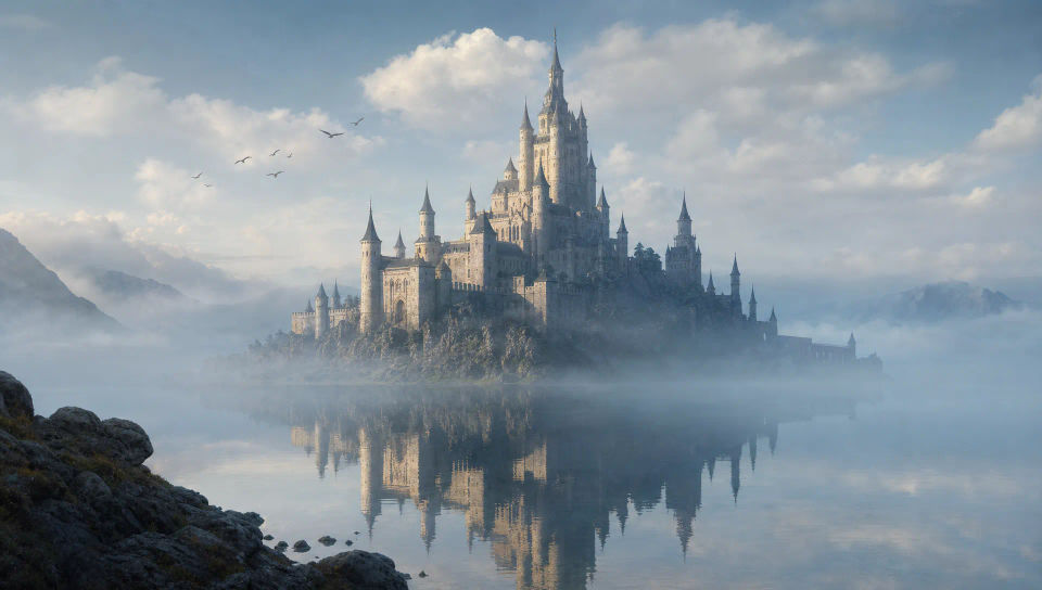 A misty castle across a lake