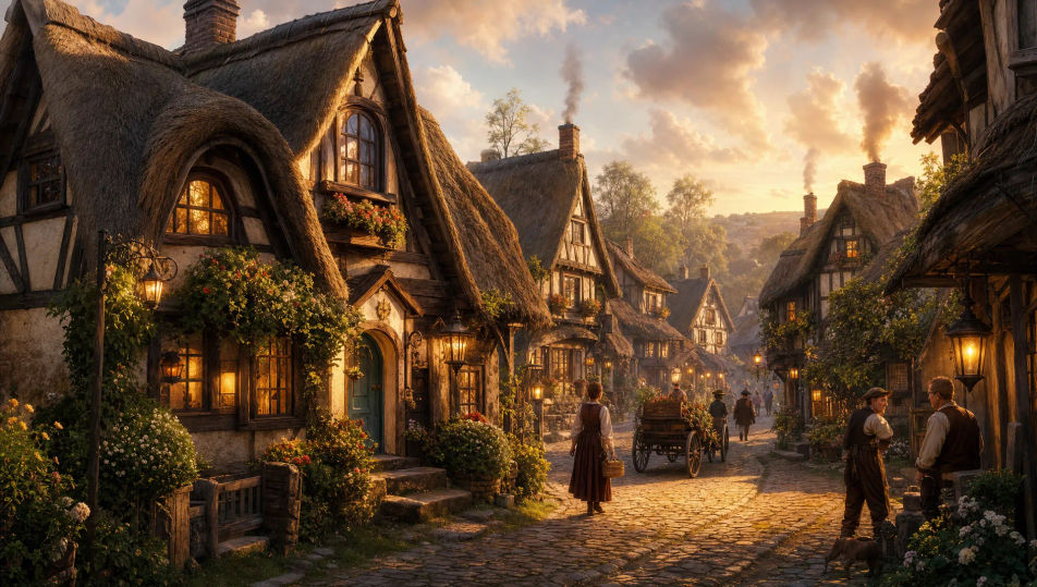 A cobbled village street at golden hour