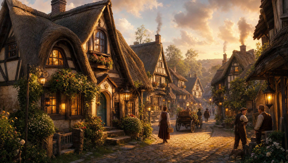 A cobbled village street at golden hour