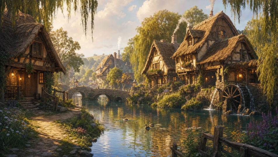 A riverside village with bridges