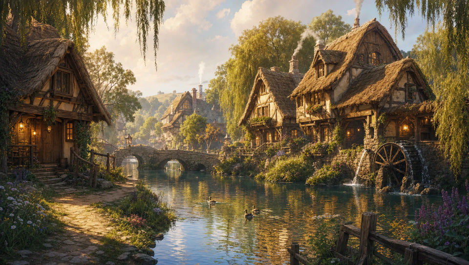 A riverside village with bridges