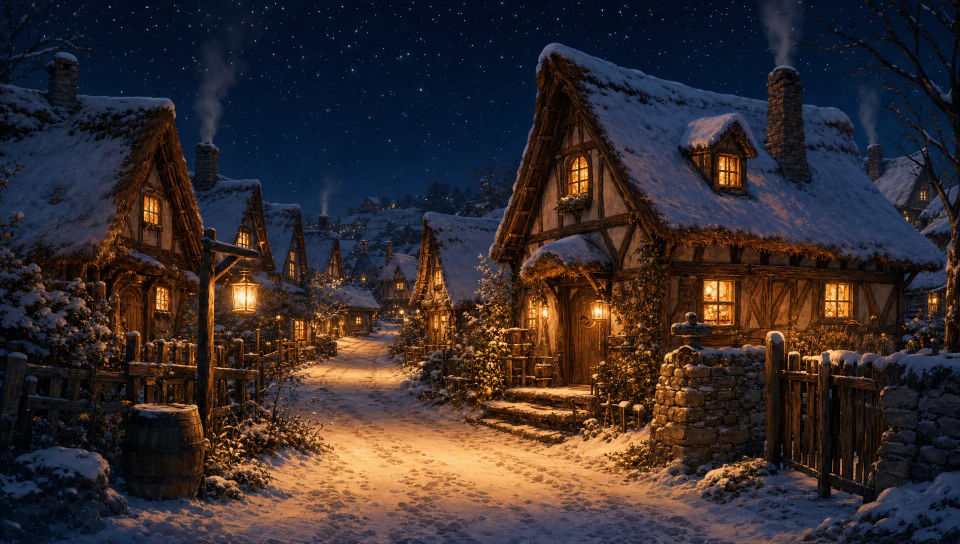 A snowy village at night