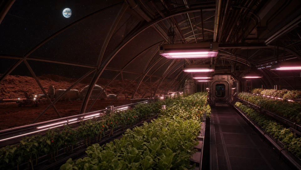 A greenhouse interior at night