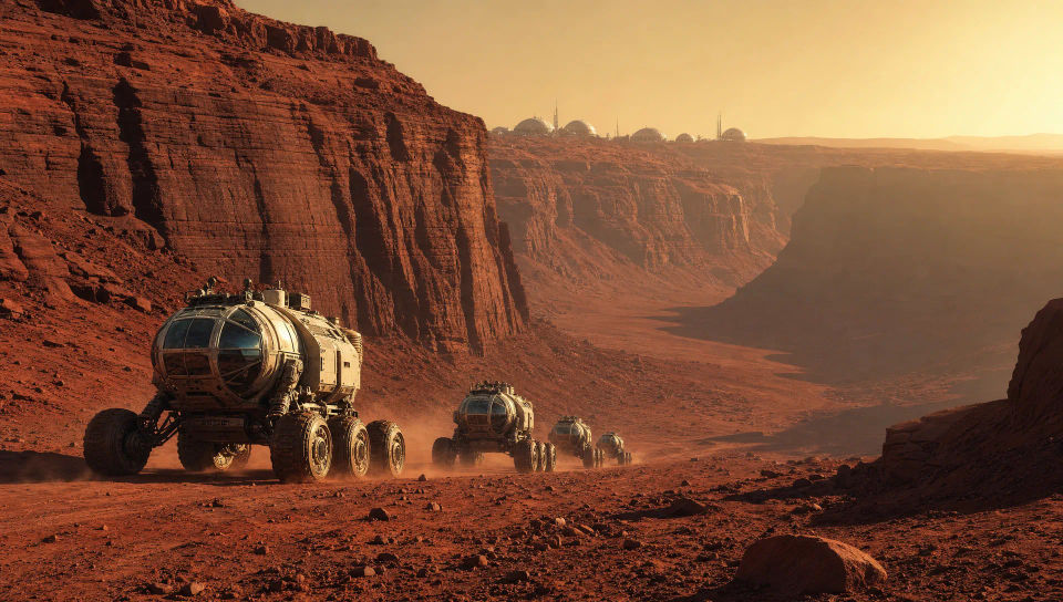 A rover convoy across a canyon