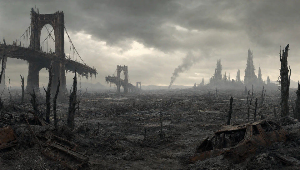 An ash-grey horizon with wreckage