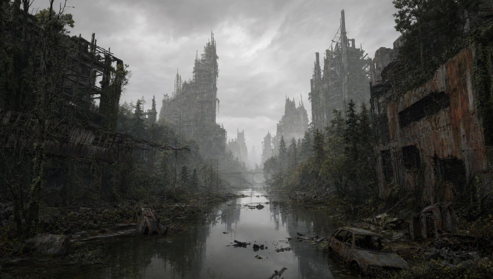 A ruined city reclaimed by nature