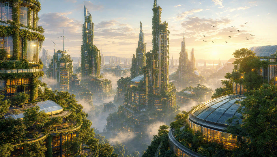 A lush green skyline at dawn
