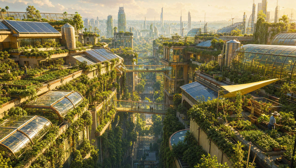 A rooftop garden district