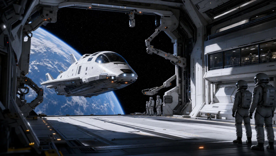A docking bay with a shuttle