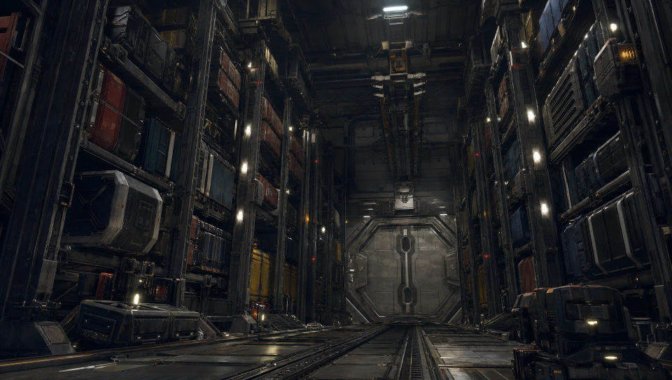 A cargo hold with crates