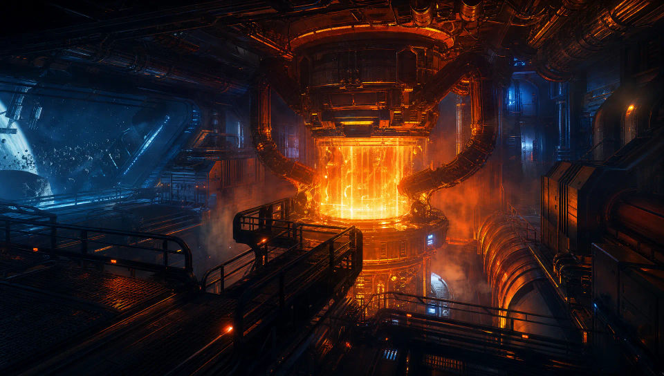 The engine room glowing