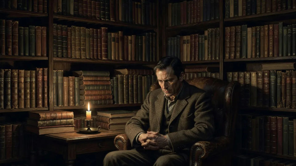 Candlelit library portrait