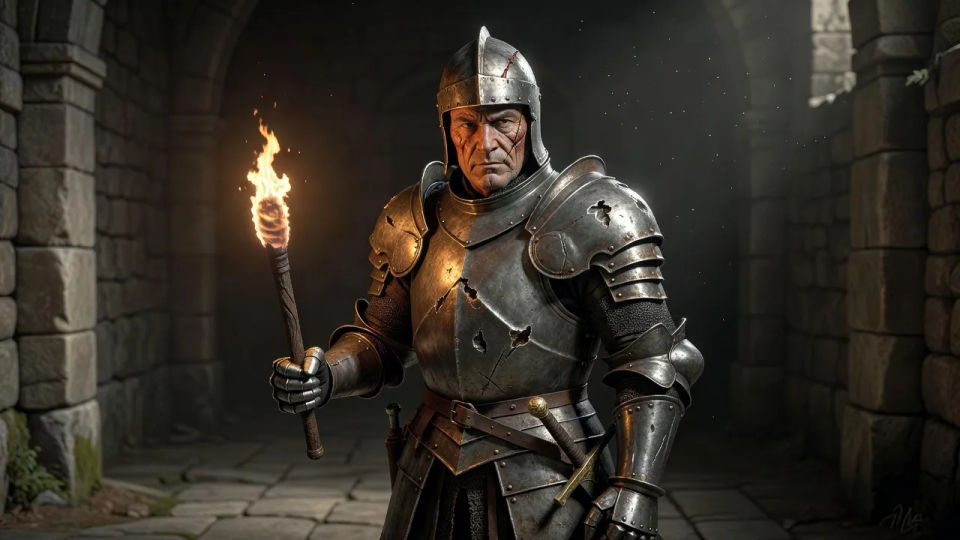Torchlit veteran portrait