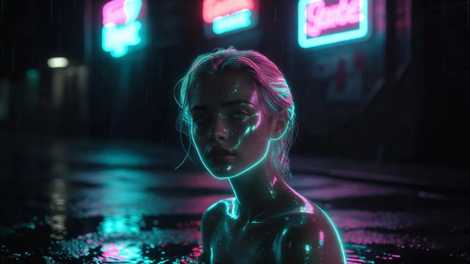 Rain-lit street portrait