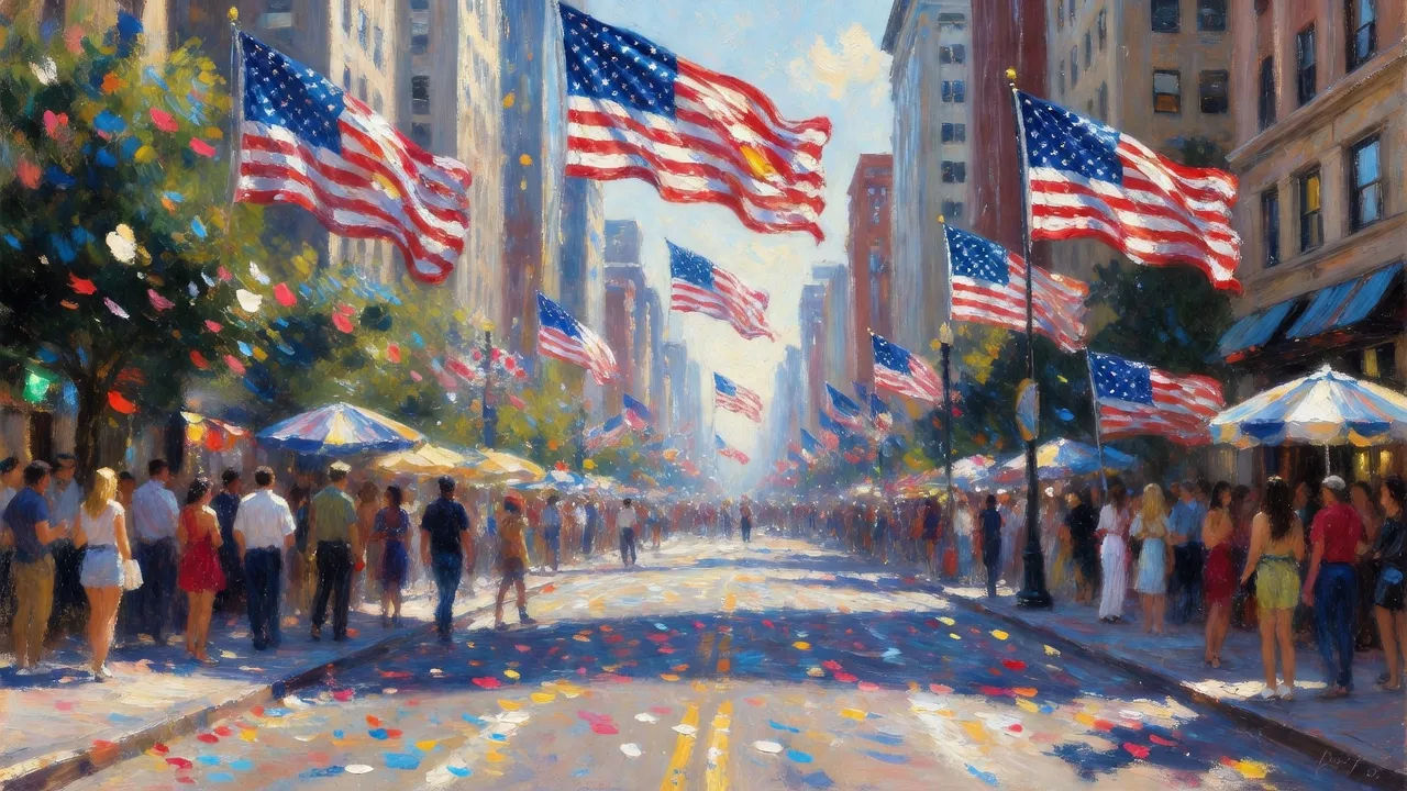 Flag-hung city avenue