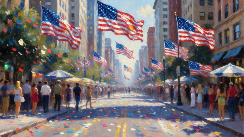 Flag-hung city avenue