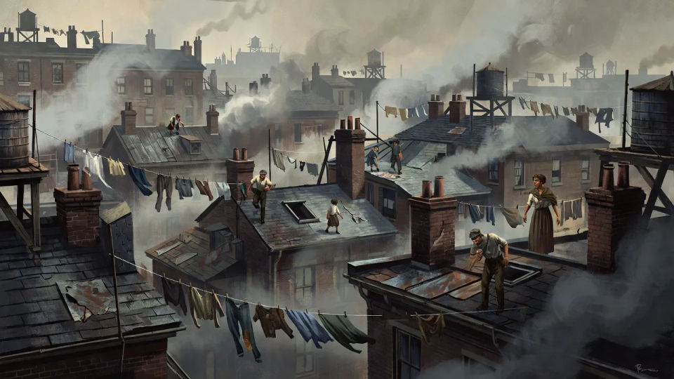Rooftops under a smoky sky