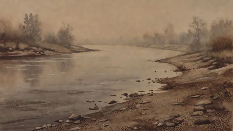 Riverbank in soft pigment