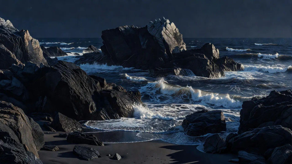 Coastal rocks, blue-black tone