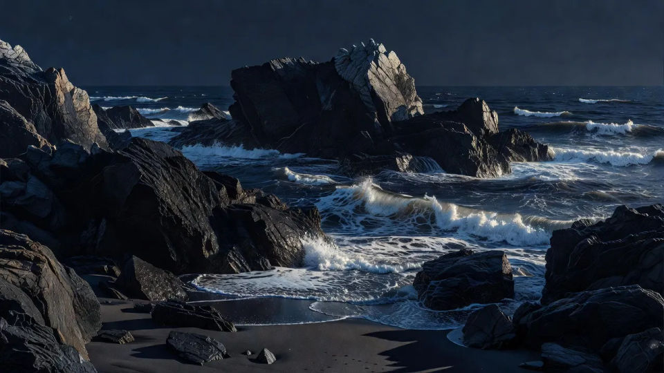 Coastal rocks, blue-black tone