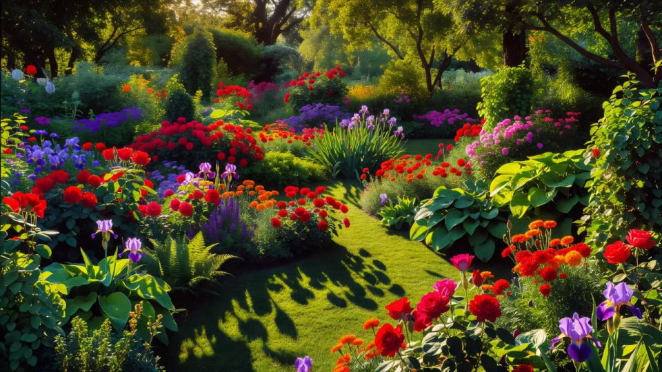 Sunlit garden, saturated color
