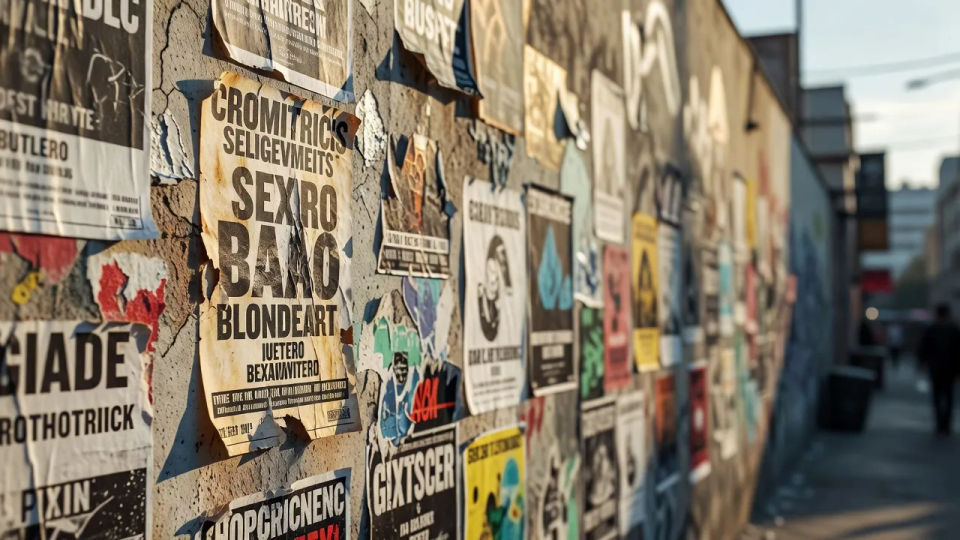 Flyer stapled to a wall