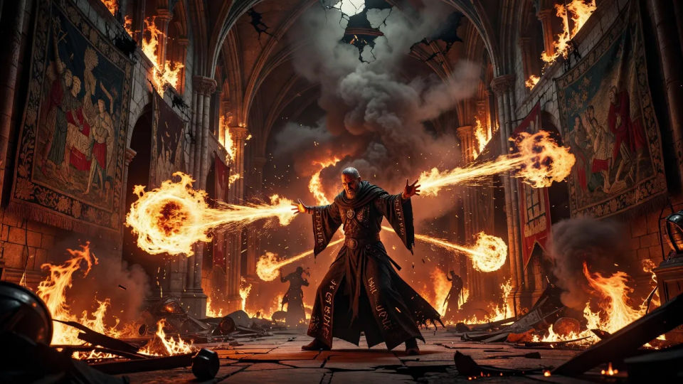 Duel in the burning hall