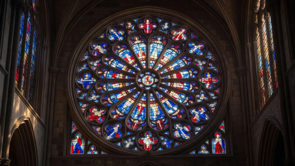 Rose window at dusk
