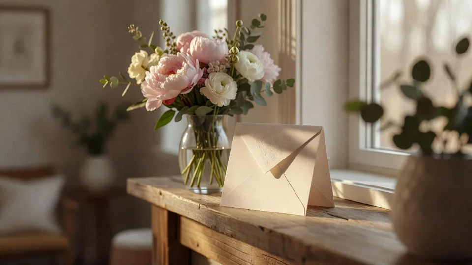 Card standing on a shelf