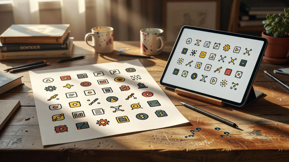Designer desk with icon sheet