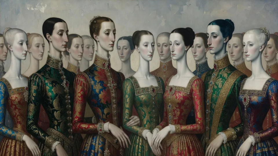 Crowded allegorical hall