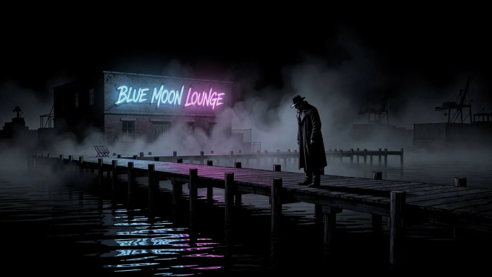 The neon-lit waterfront