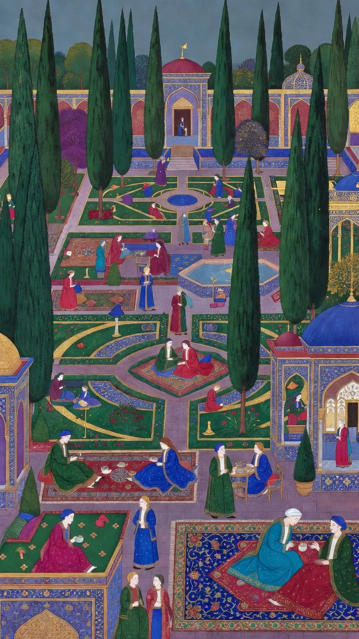Persian miniature art AI images: court, gardens, borders