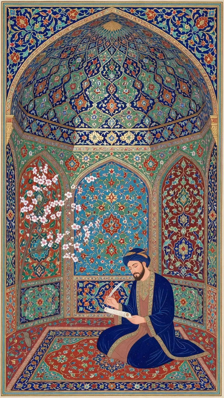 Persian miniature art AI images: court, gardens, borders