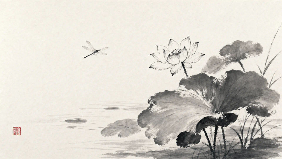 Lotus pond with a dragonfly