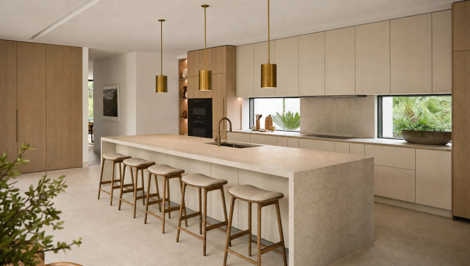 Kitchen and island