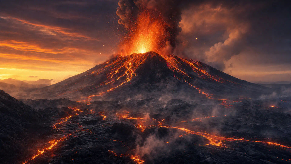 Erupting volcano at dusk