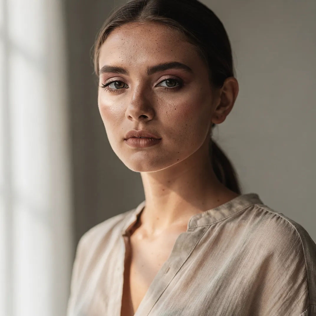 Editorial studio portrait in soft window light with fine detail