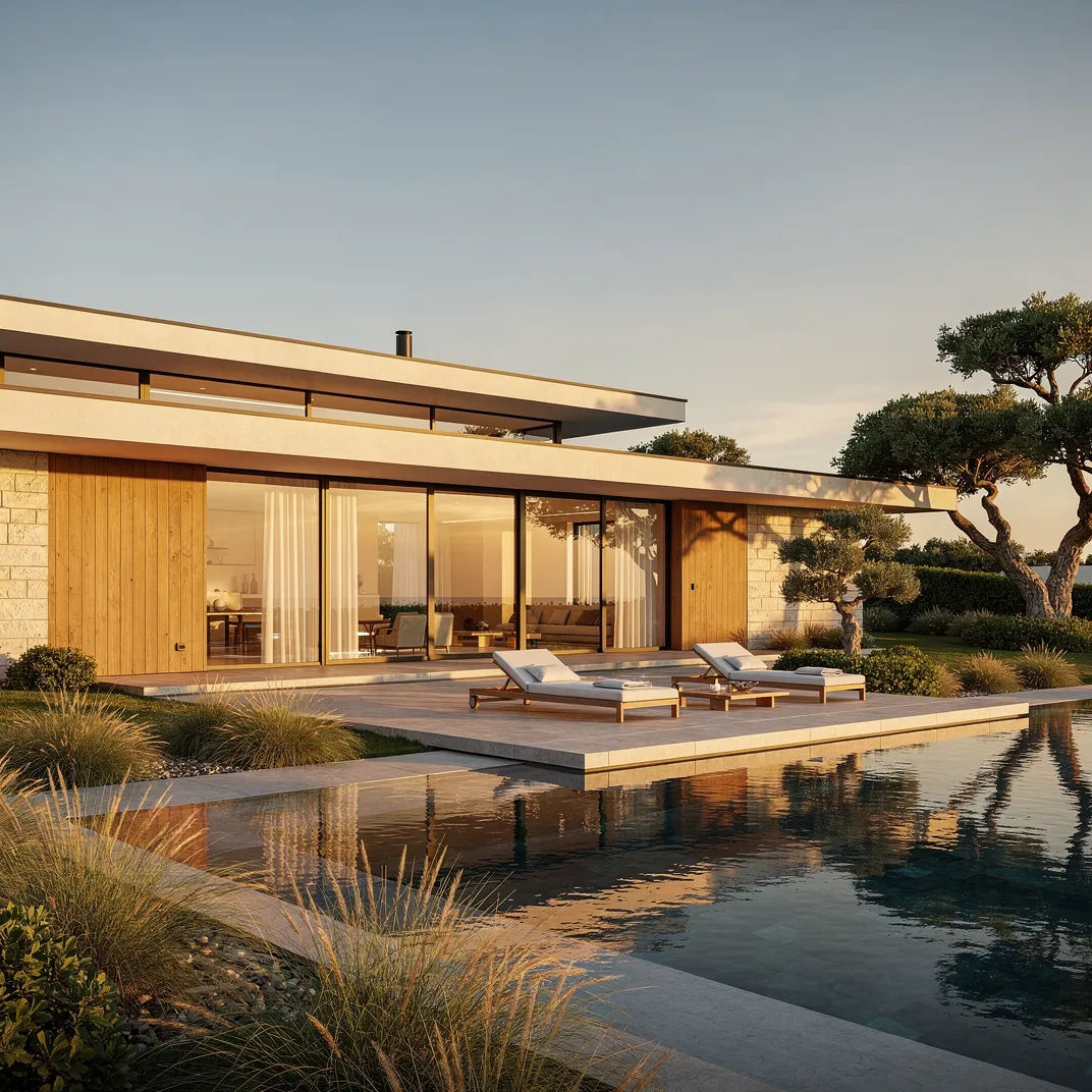 Modern villa at golden hour with sharp lines and natural materials