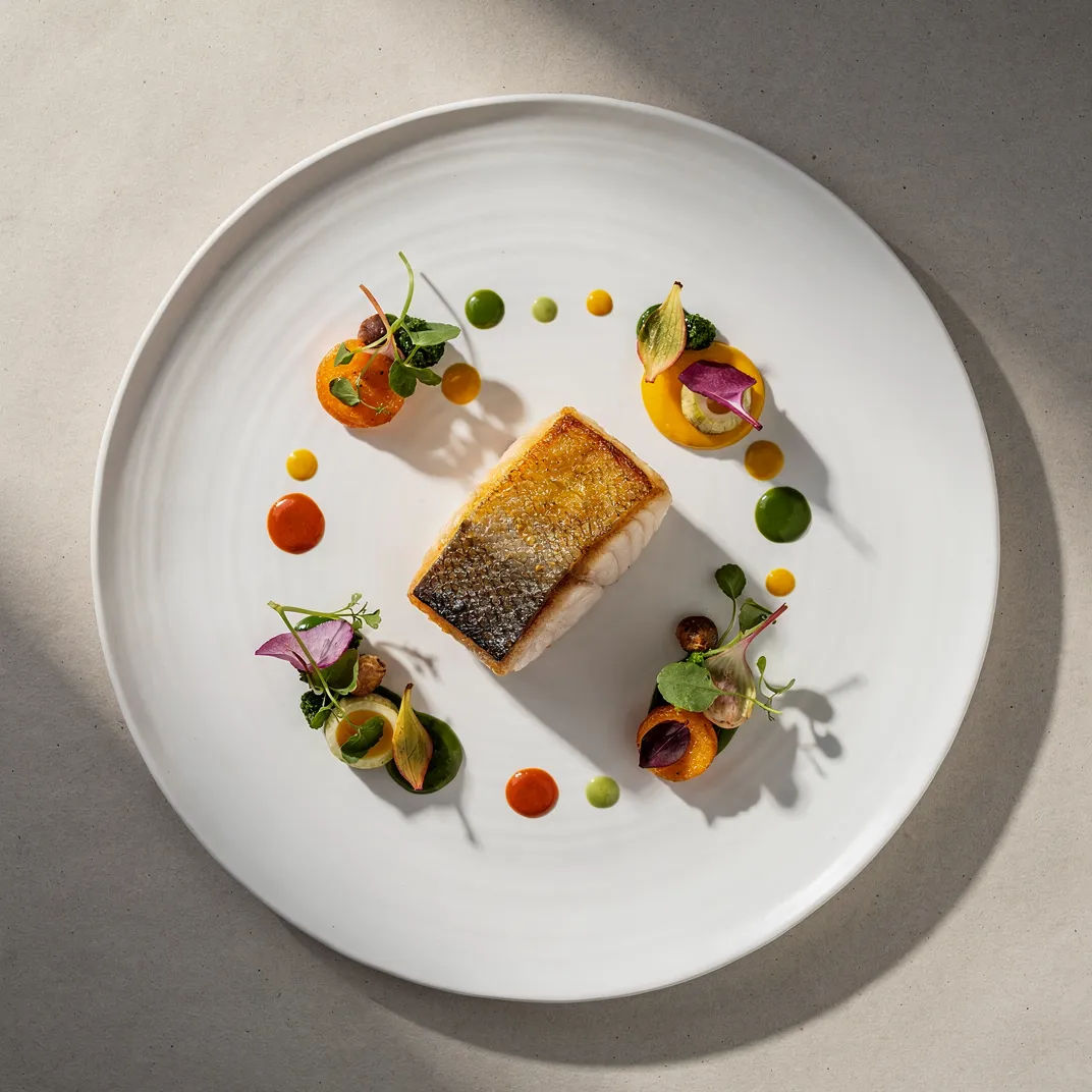Gourmet plated dish from above with fine texture and faithful color