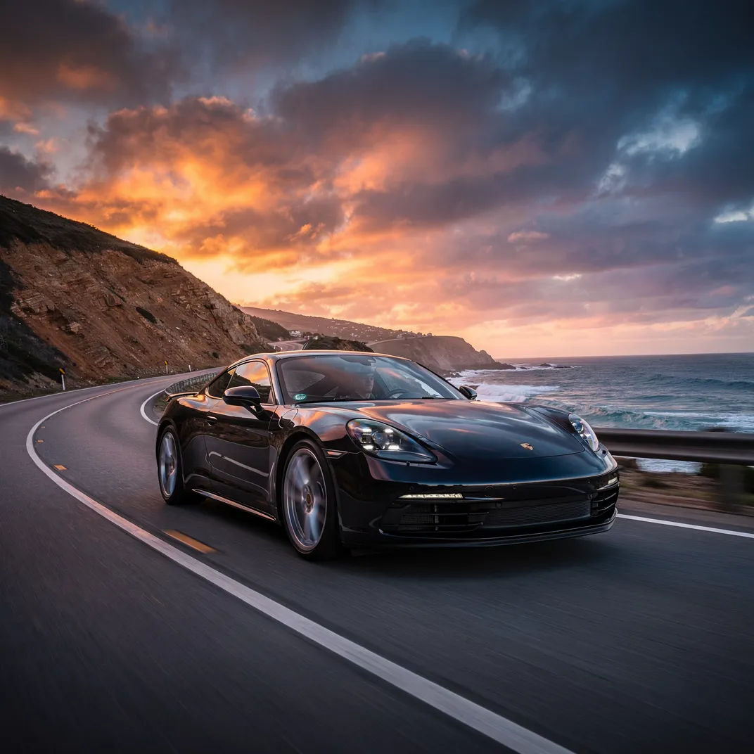 Sports car on a coastal road at dusk with accurate reflections