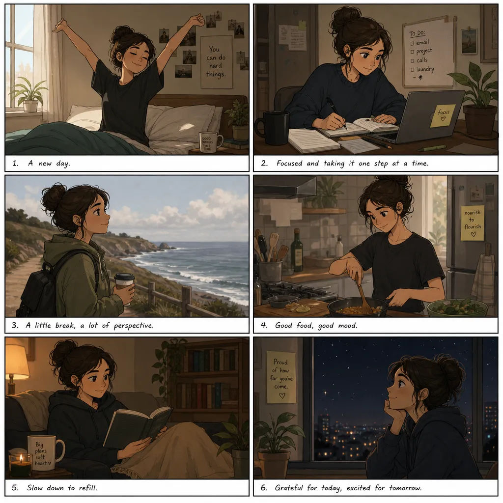 Six-panel storyboard with one consistent character across scenes