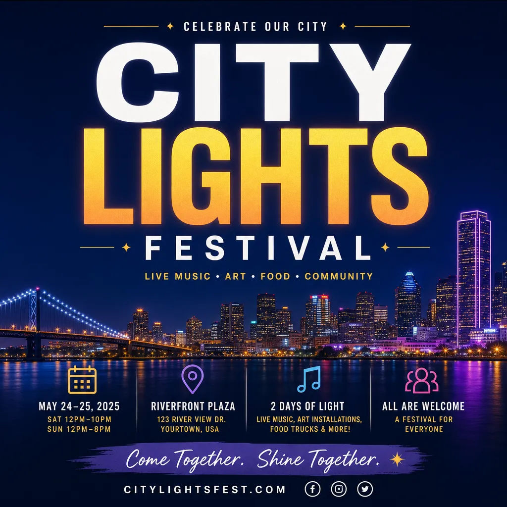 Event poster reading CITY LIGHTS FESTIVAL with clean type hierarchy