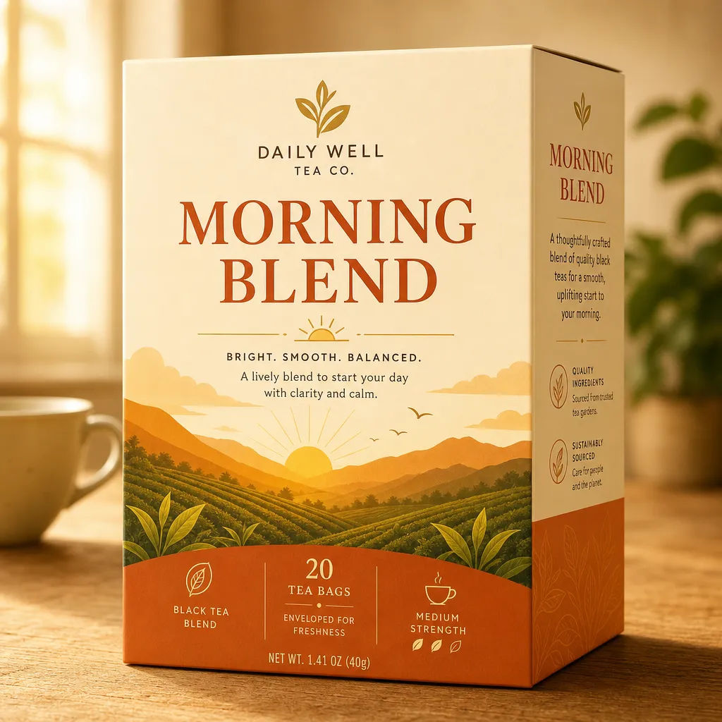 Tea box packaging with the product name MORNING BLEND