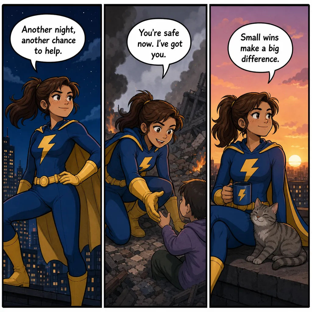 Three-panel comic strip with the same hero and legible speech bubbles